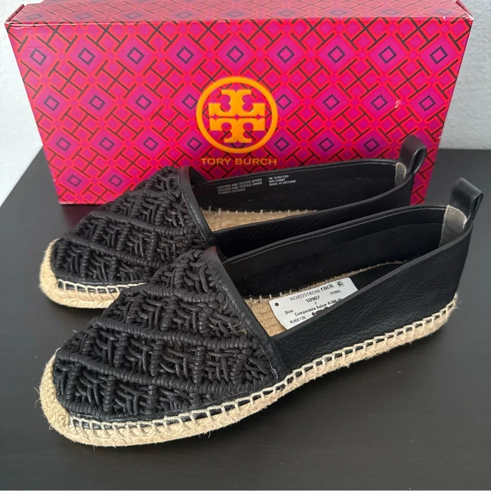NEW Tory Burch Everly Black Leather Crochet Espadrille  Flat Slio On